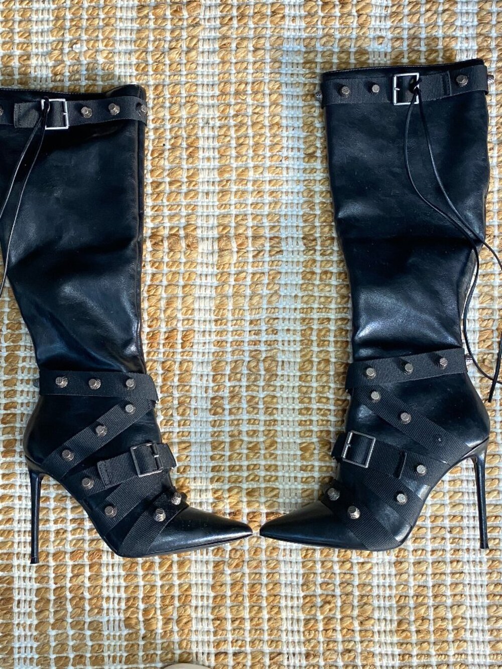 Steve Madden Fink Boot Black Faux Leather Strappy Studded Knee High Boots